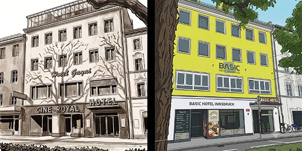Aktuelle Außenansicht des Basic Hotel Innsbruck Basic Hotel Innsbruck am früheren Standort des Hotel Royal