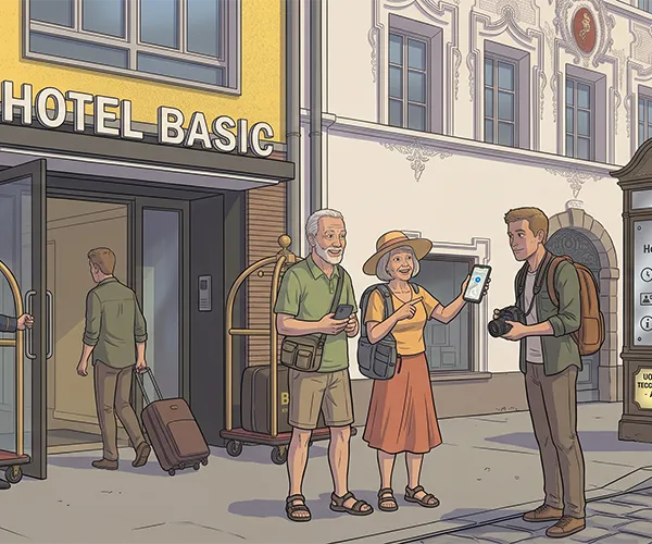 Städtereisende vor dem Basic Hotel Städtereisende vor dem Basic Hotel